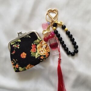 Floral Black Coin Purse with Keychain